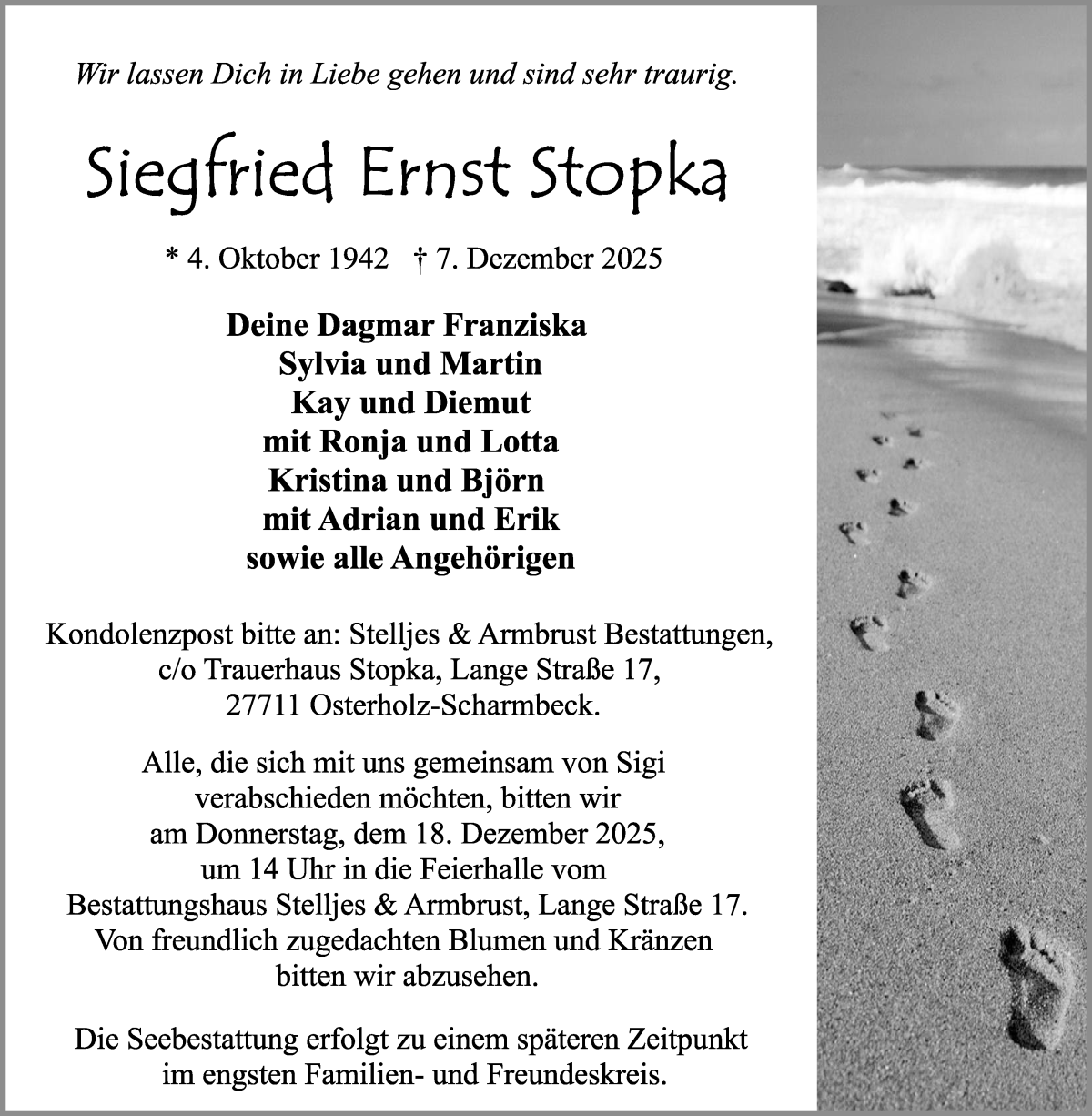Traueranzeige von Siegfried Ernst Stopka von Osterholzer Kreisblatt