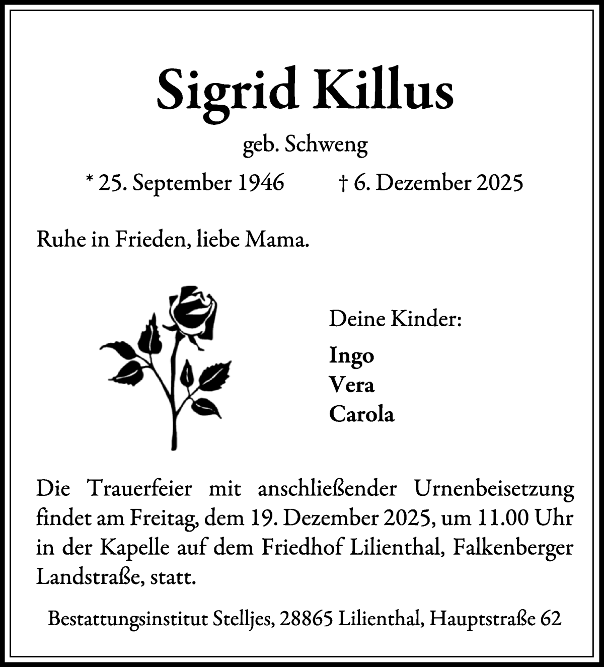 Traueranzeige von Sigrid Killus von Wuemme Zeitung