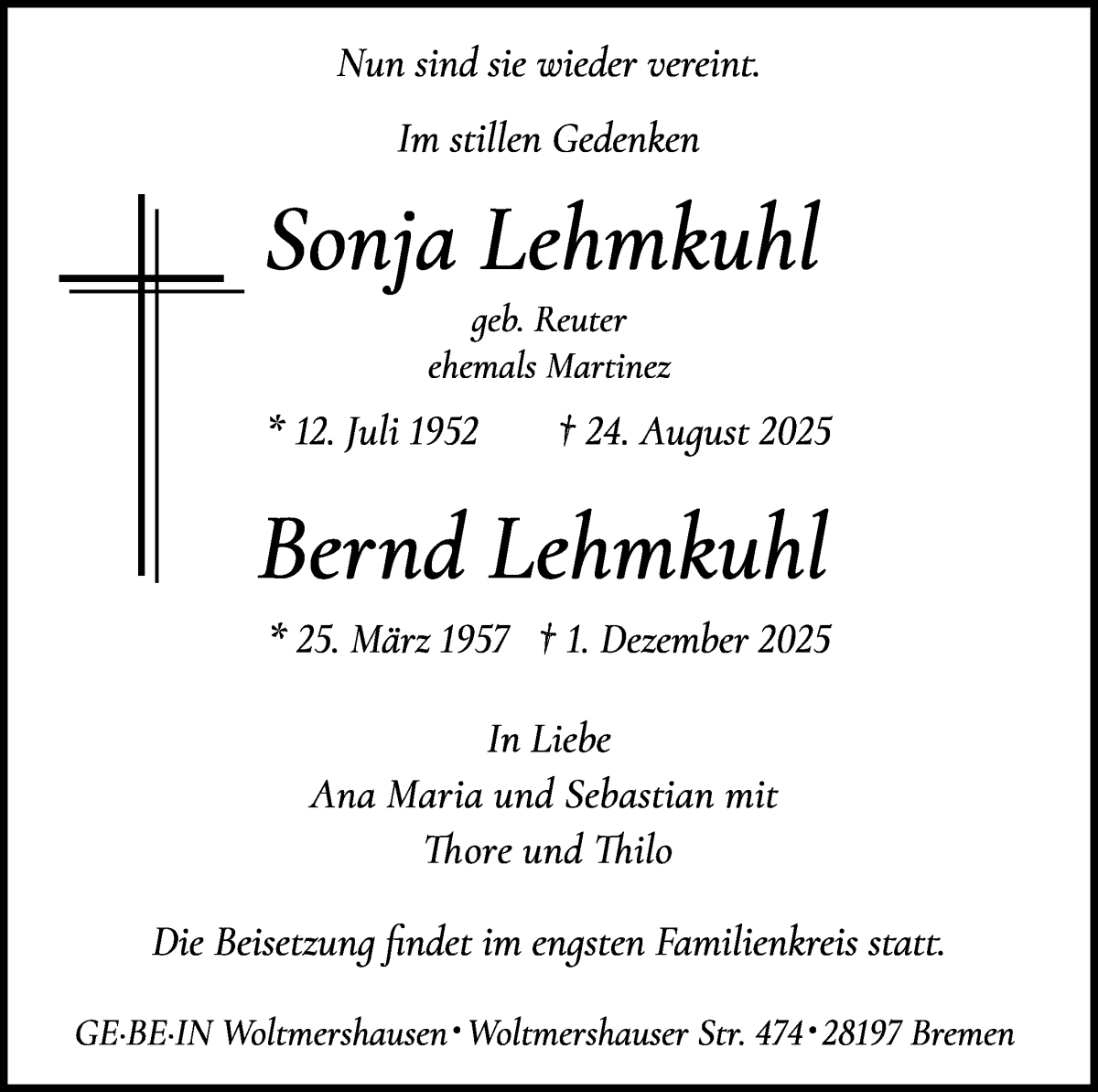Traueranzeige von Sonja und Bernd Lehmkuhl von WESER-KURIER