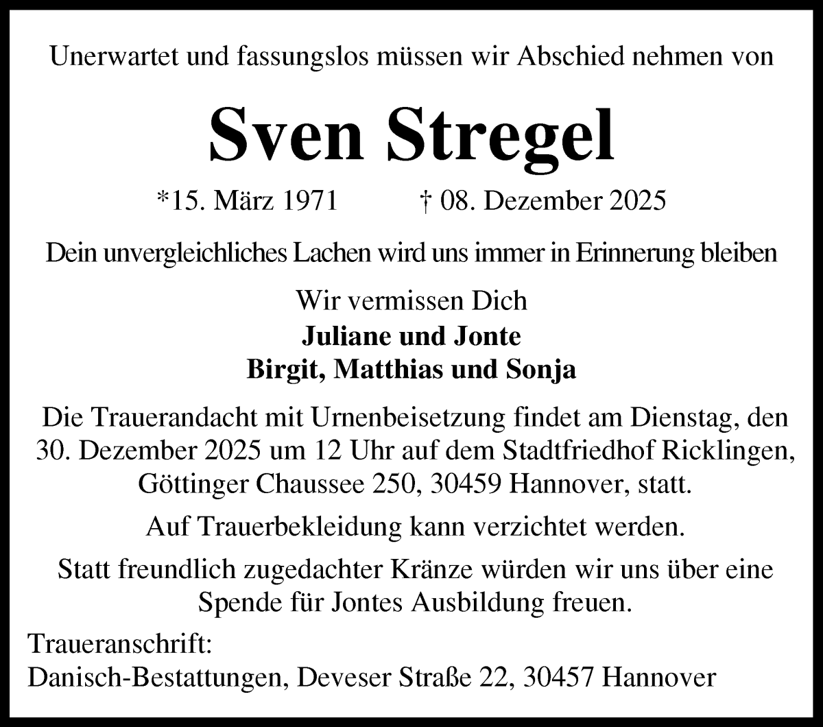 Traueranzeige von Sven Stregel von WESER-KURIER