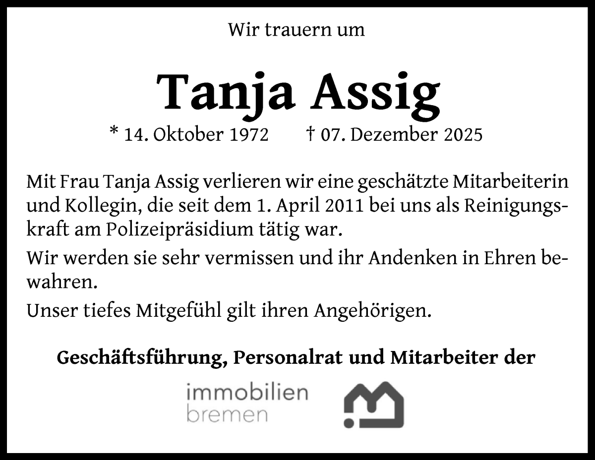  Traueranzeige für Tanja Assig vom 27.12.2025 aus WESER-KURIER