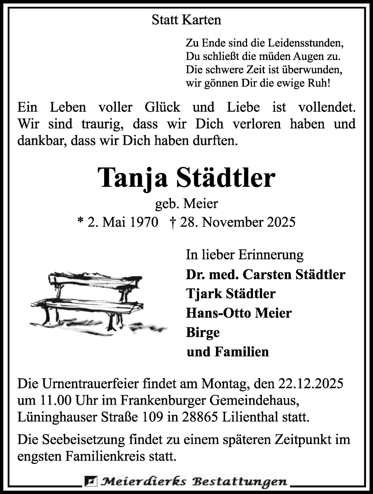 Traueranzeige von Tanja Städtler von Wuemme Zeitung