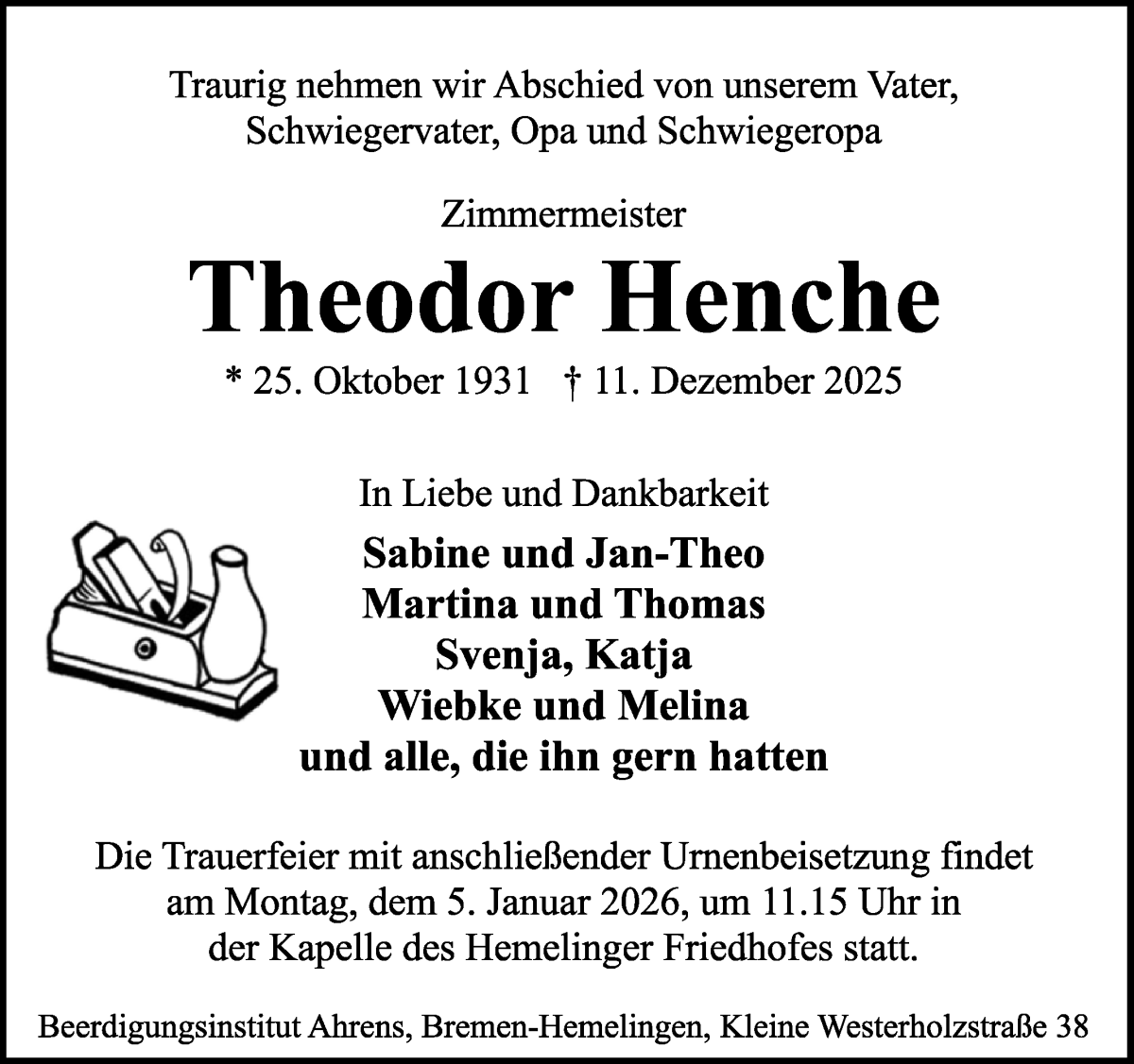Traueranzeige von Theodor Henche von WESER-KURIER