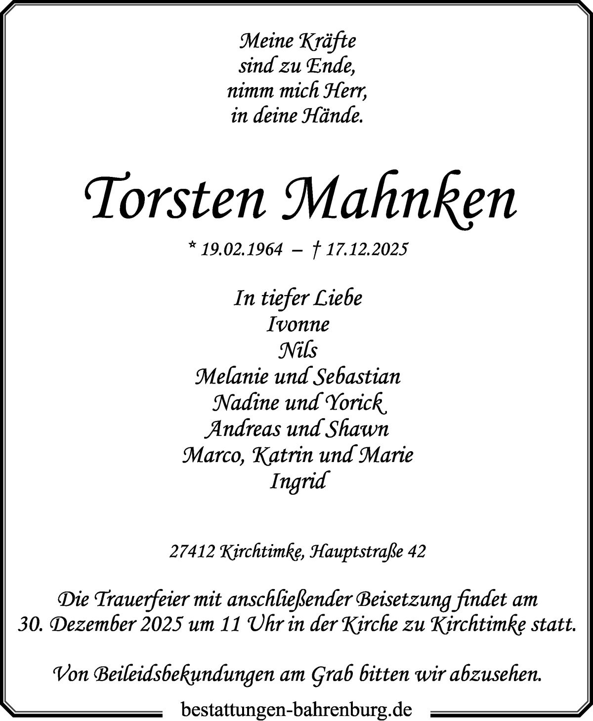 Traueranzeige von Torsten Mahnken von WESER-KURIER