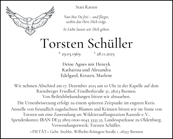 Traueranzeige von Torsten Schüller von WESER-KURIER