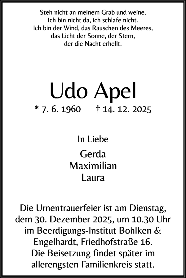 Traueranzeige von Udo Apel von WESER-KURIER
