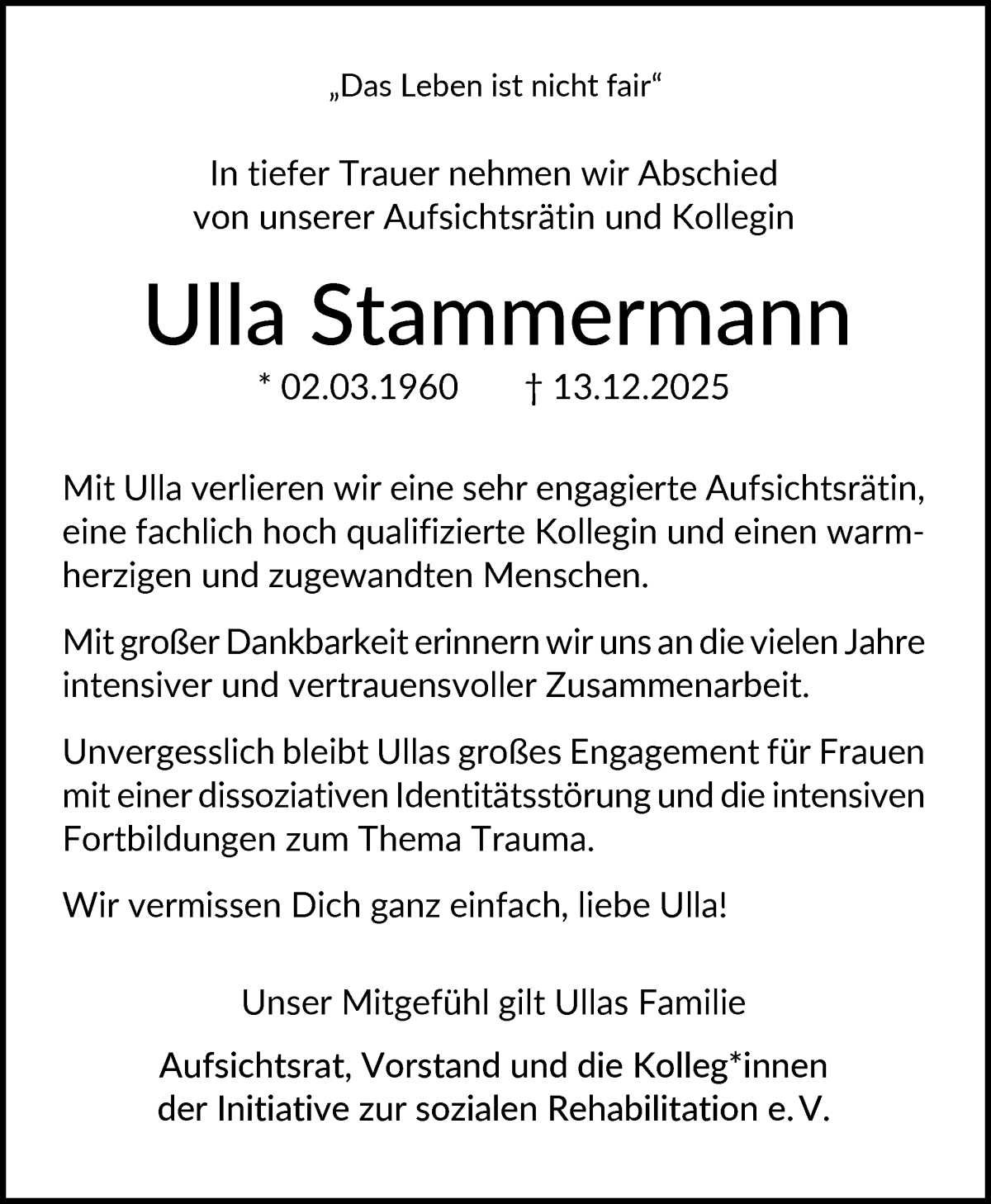 Traueranzeige von Ulla Stammermann von WESER-KURIER