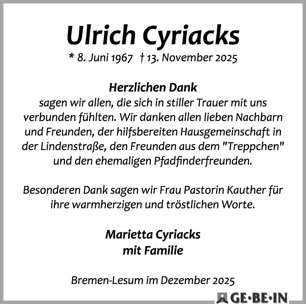 Traueranzeige von Ulrich Cyriacks von Die Norddeutsche