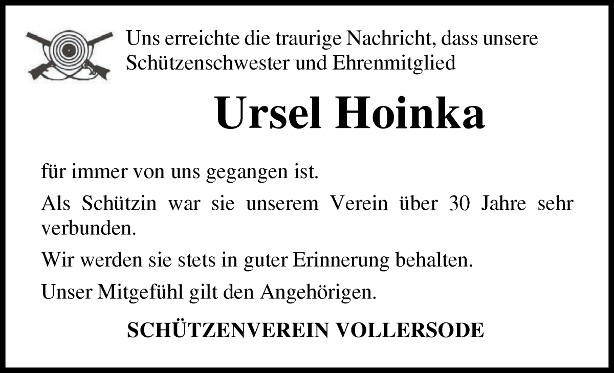 Traueranzeige von Ursel Hoinka von Die Norddeutsche