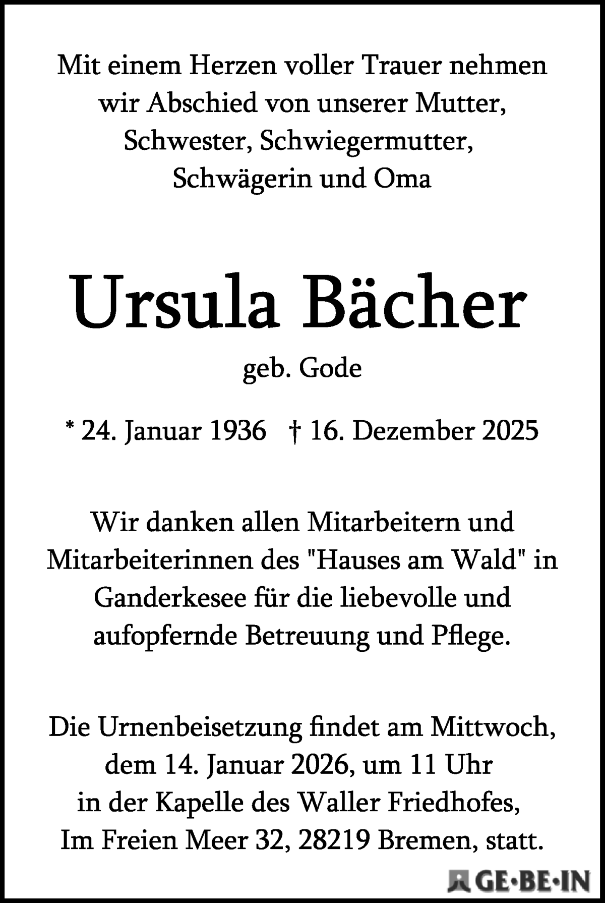  Traueranzeige für Ursula Bächer vom 27.12.2025 aus WESER-KURIER