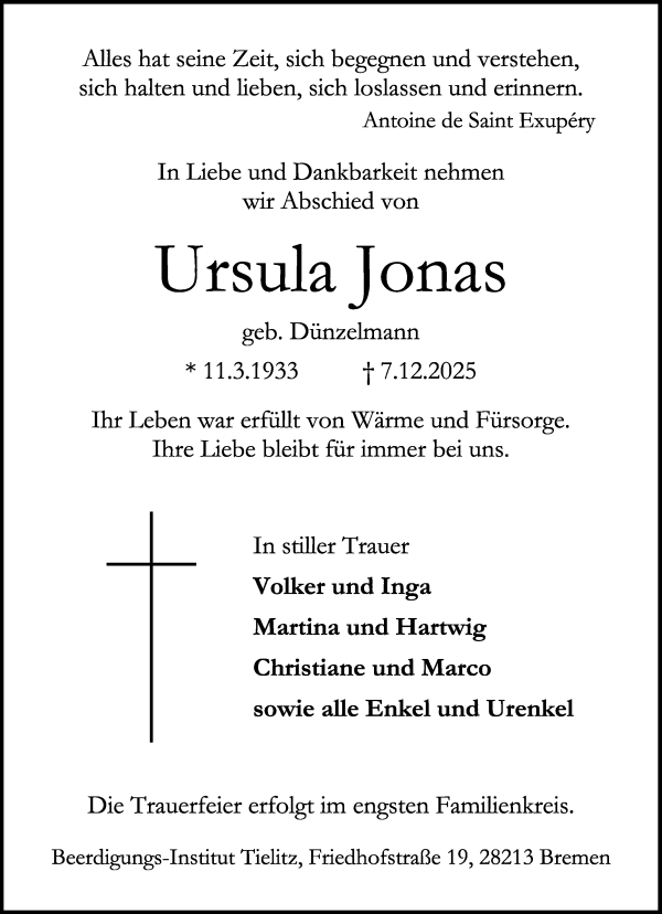 Traueranzeige von Ursula Jonas von WESER-KURIER