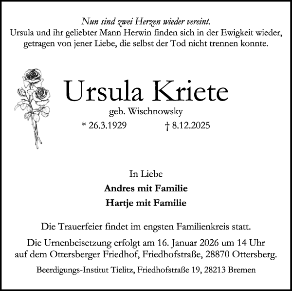 Traueranzeige von Ursula Kriete von WESER-KURIER