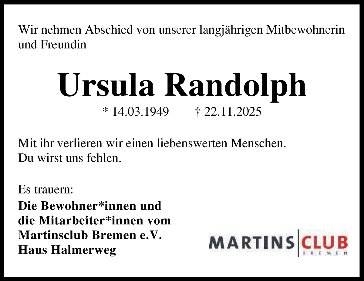 Traueranzeige von Ursula Randolph von WESER-KURIER