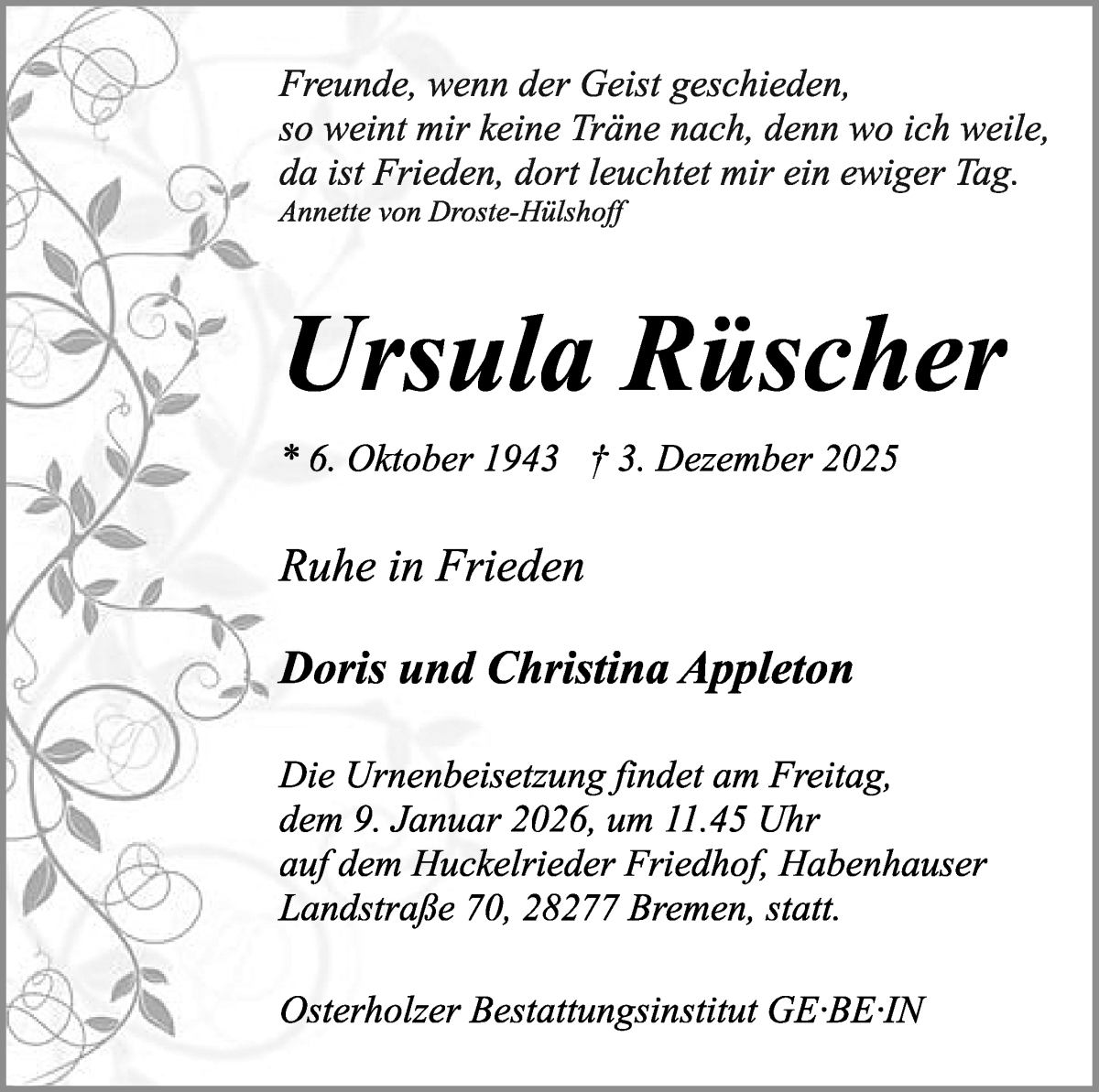  Traueranzeige für Ursula Rüscher vom 27.12.2025 aus WESER-KURIER