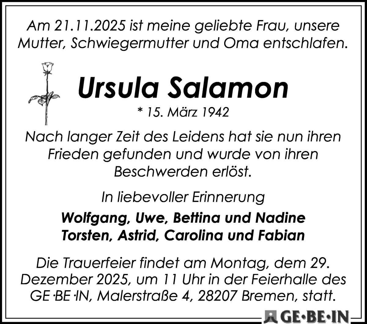 Traueranzeige von Ursula Salamon von WESER-KURIER