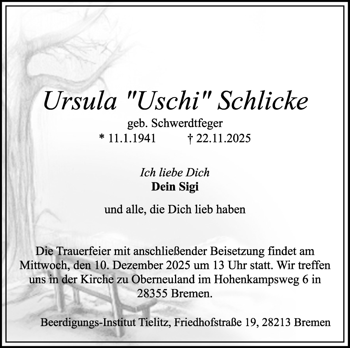 Traueranzeige von Ursula Schlicke von WESER-KURIER