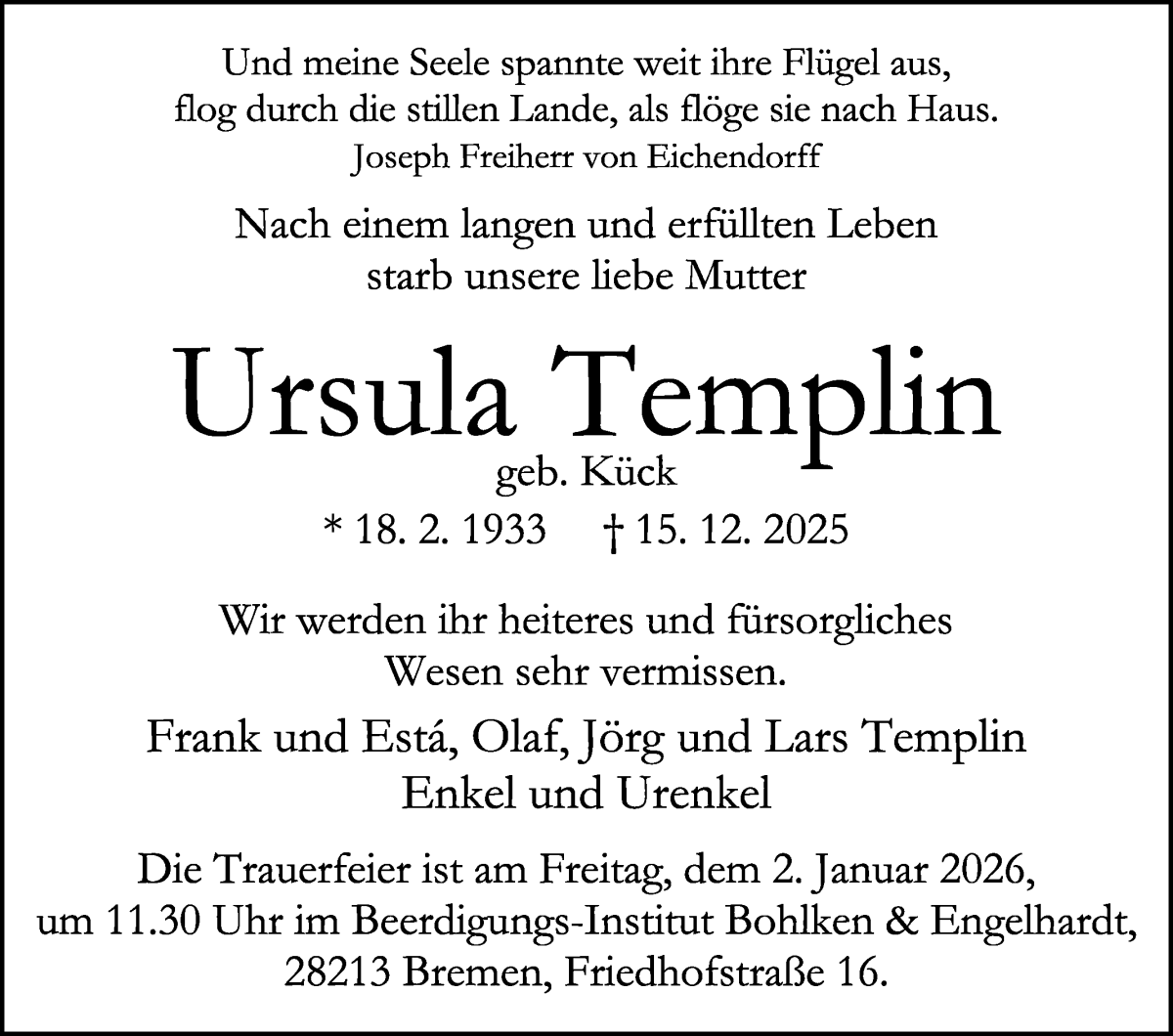  Traueranzeige für Ursula Templin vom 27.12.2025 aus WESER-KURIER