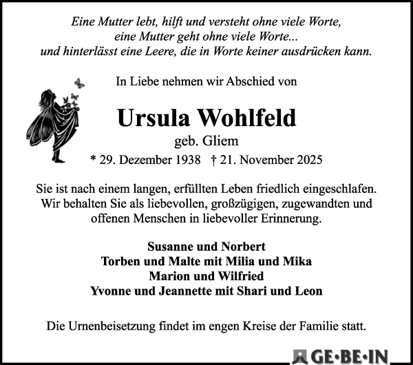 Traueranzeige von Ursula Wohlfeld von WESER-KURIER
