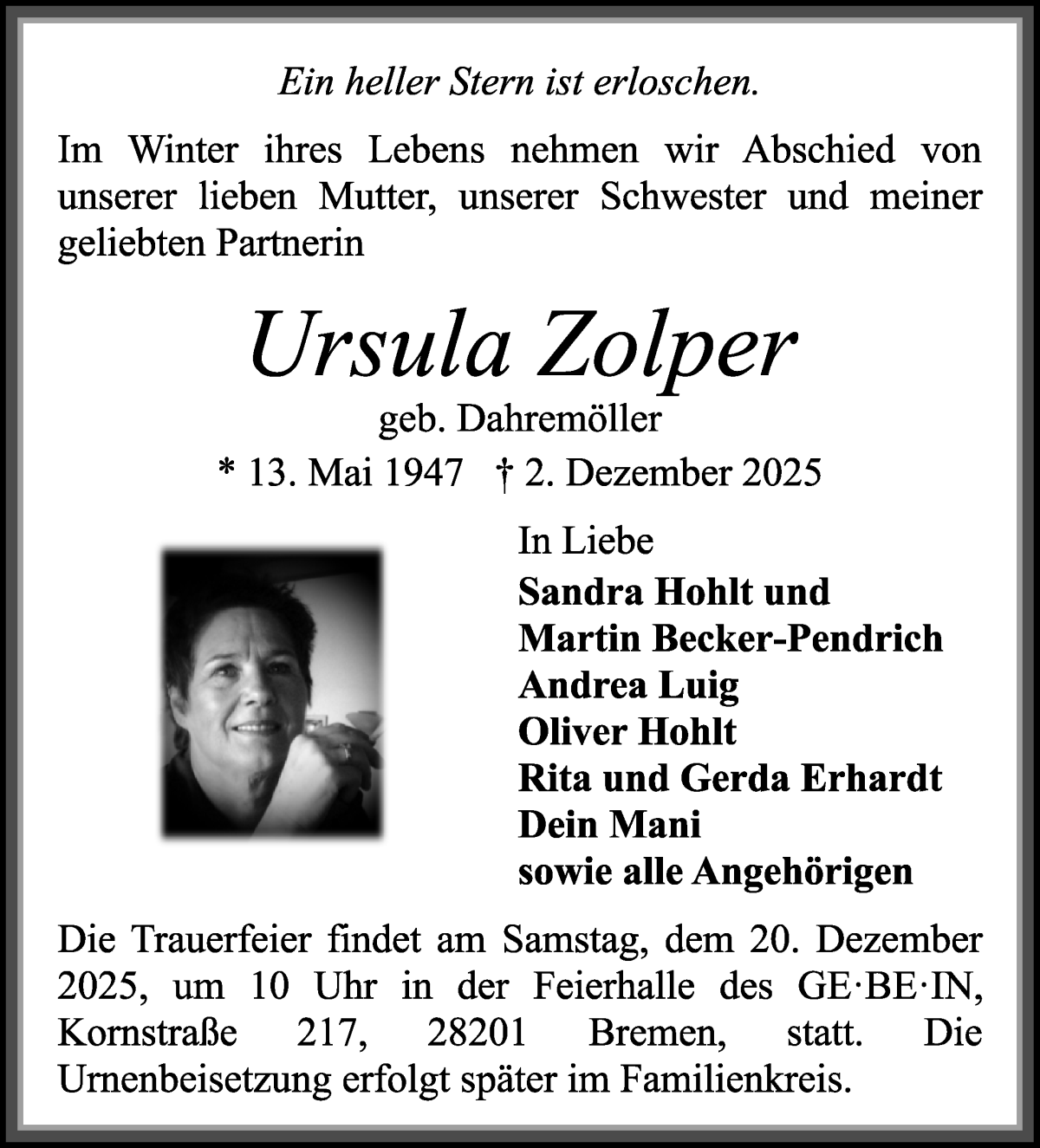Traueranzeige von Ursula Zolper von WESER-KURIER