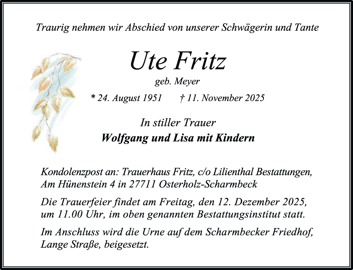 Traueranzeige von Ute Fritz von Osterholzer Kreisblatt