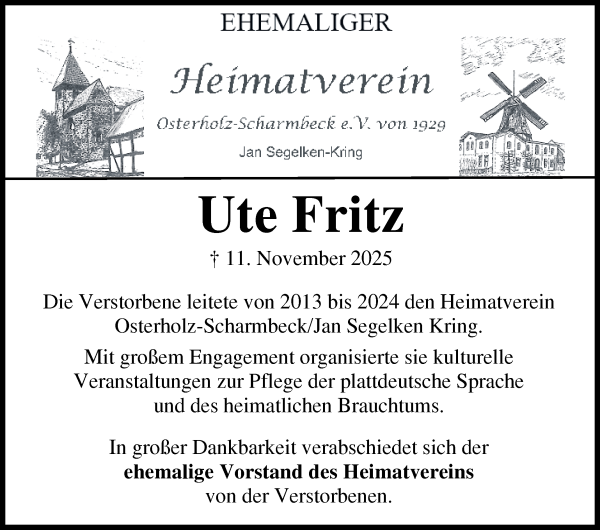 Traueranzeige von Ute Fritz von Osterholzer Kreisblatt