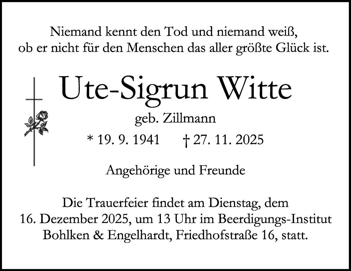 Traueranzeige von Ute-Sigrun Witte von WESER-KURIER