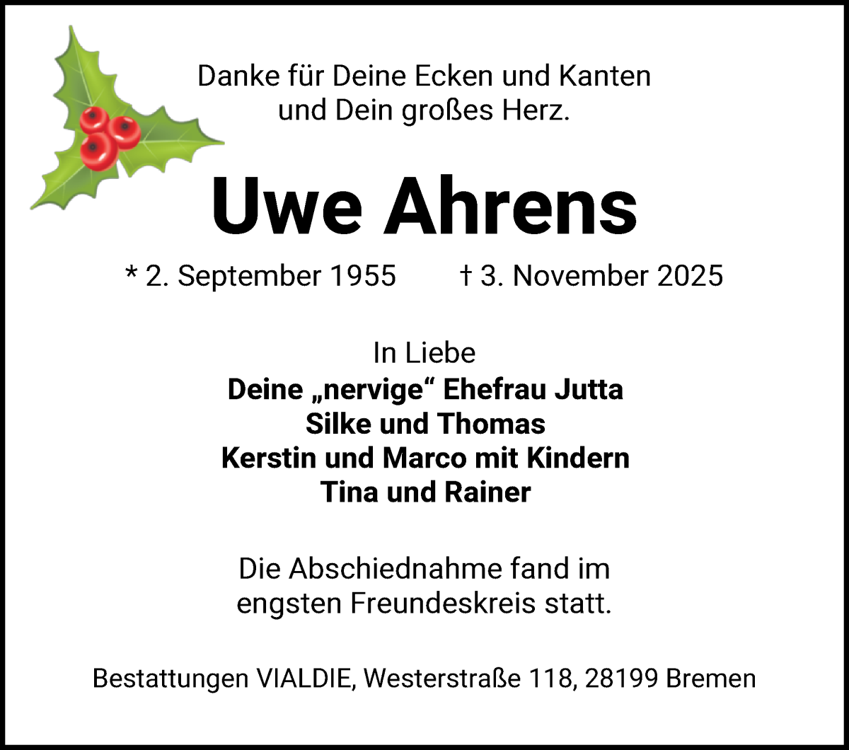 Traueranzeige von Uwe Ahrens von WESER-KURIER