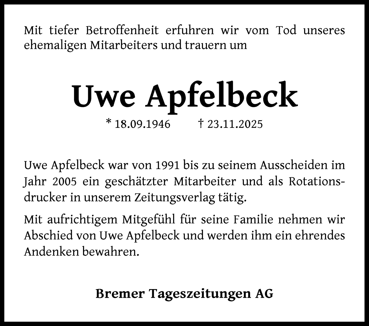 Traueranzeige von Uwe Apfelbeck von WESER-KURIER