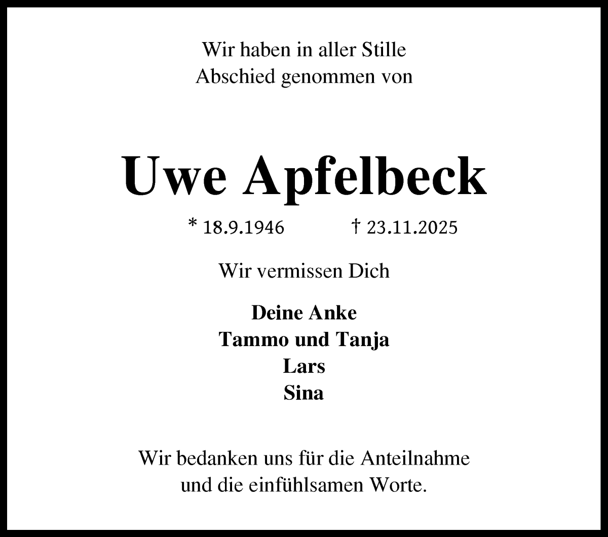 Traueranzeige von Uwe Apfelbeck von WESER-KURIER