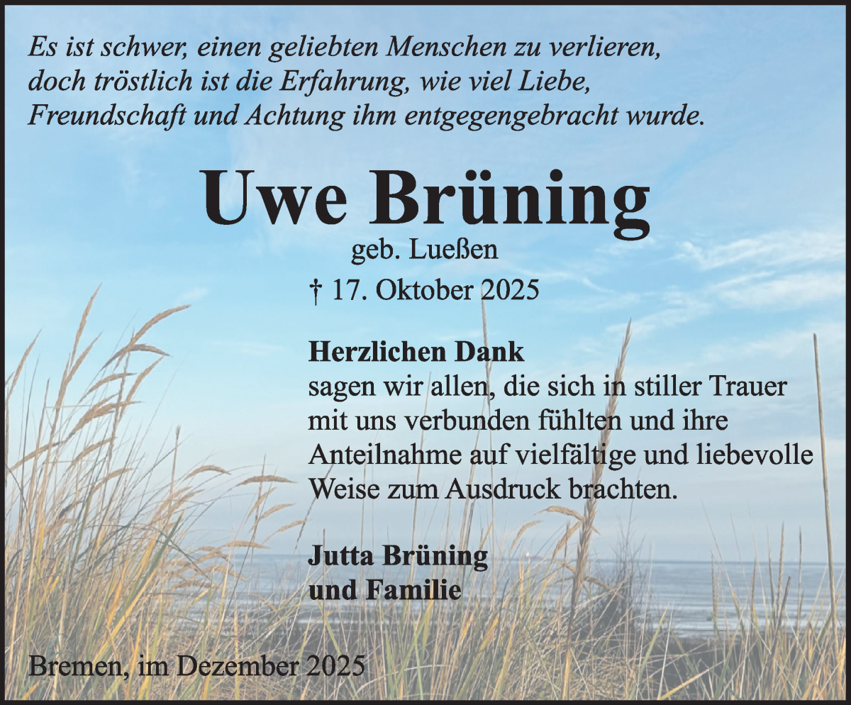Traueranzeige von Uwe Brüning von WESER-KURIER