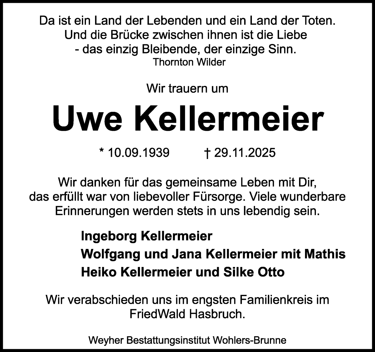 Traueranzeige von Uwe Kellermeier von Regionale Rundschau/Syker Kurier