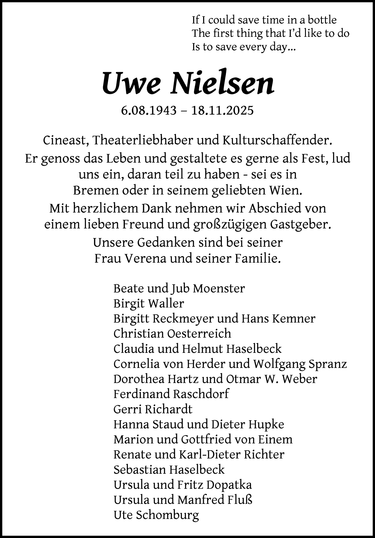 Traueranzeige von Uwe Nielsen von WESER-KURIER
