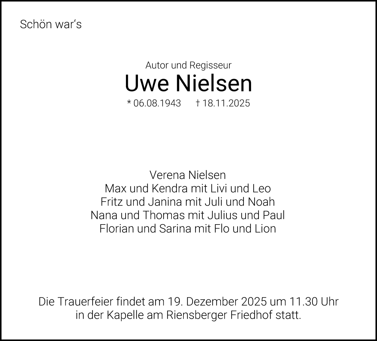 Traueranzeige von Uwe Nielsen von WESER-KURIER