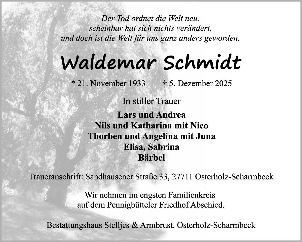 Traueranzeige von Waldemar Schmidt von Die Norddeutsche