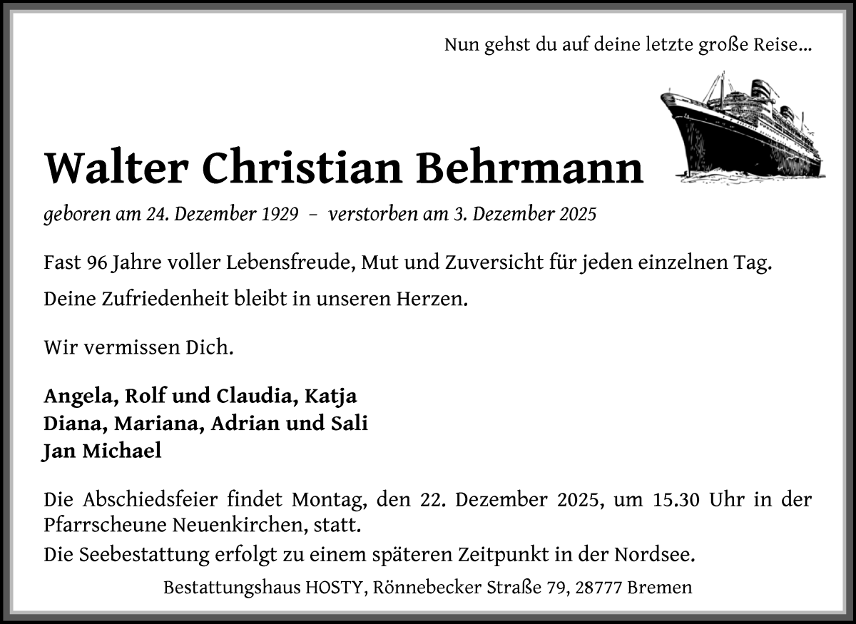 Traueranzeige von Walter Christian Behrmann von Die Norddeutsche