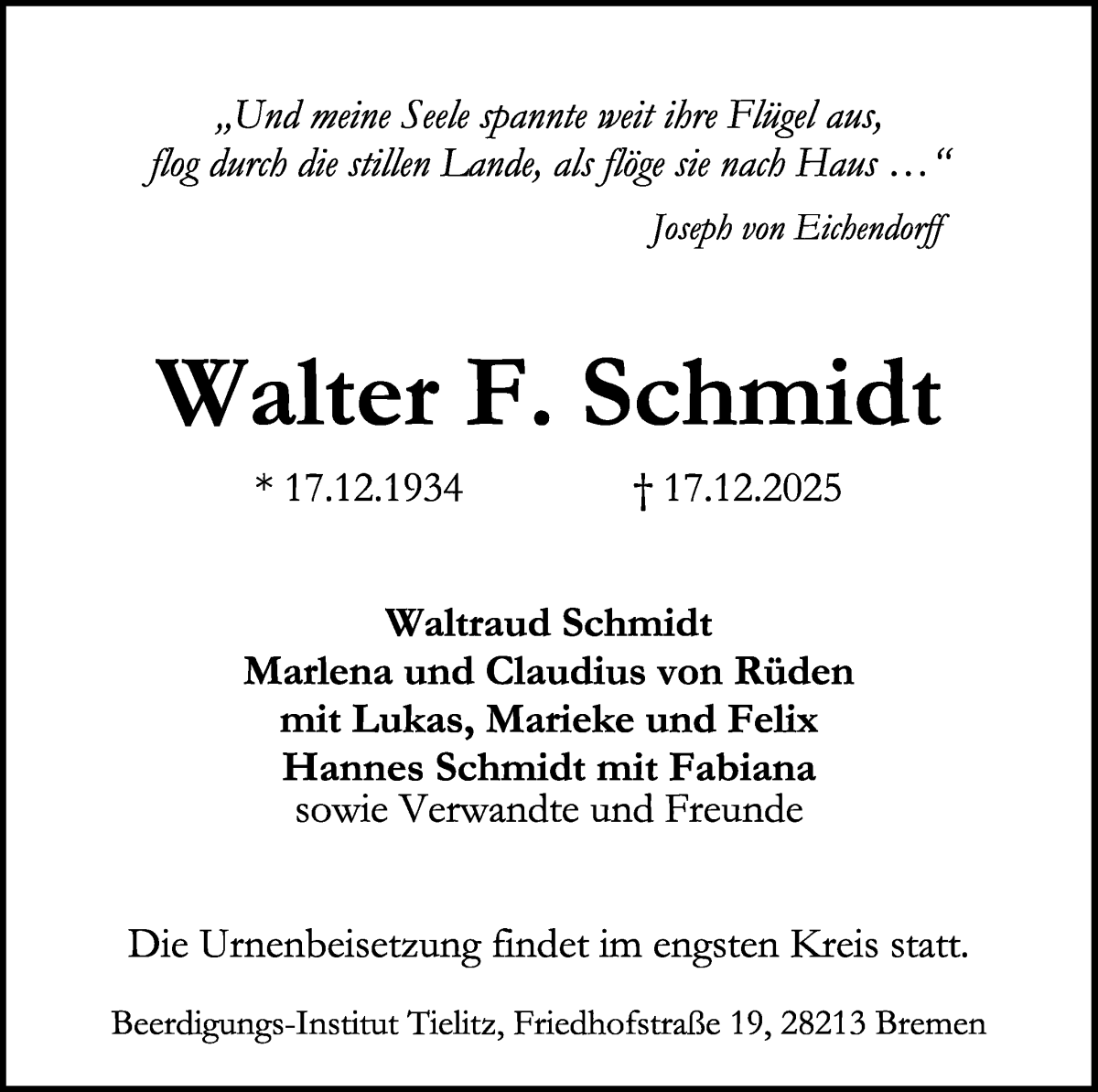  Traueranzeige für Walter F. Schmidt vom 27.12.2025 aus WESER-KURIER
