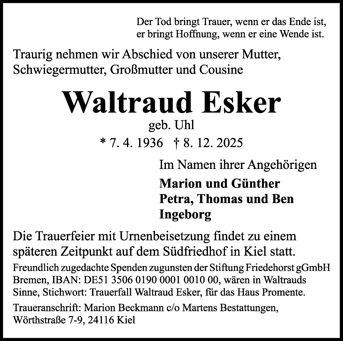 Traueranzeige von Waltraud Esker von WESER-KURIER