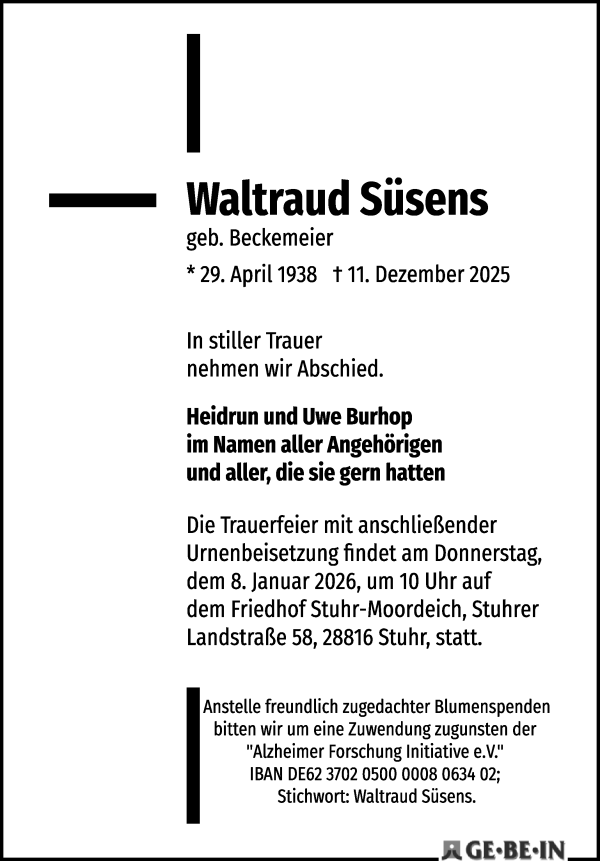 Traueranzeige von Waltraud Süsens von WESER-KURIER