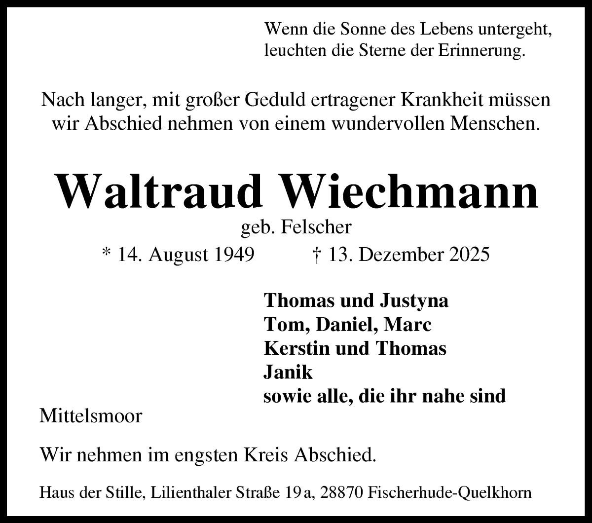 Traueranzeige von Waltraud Wiechmann von Wuemme Zeitung