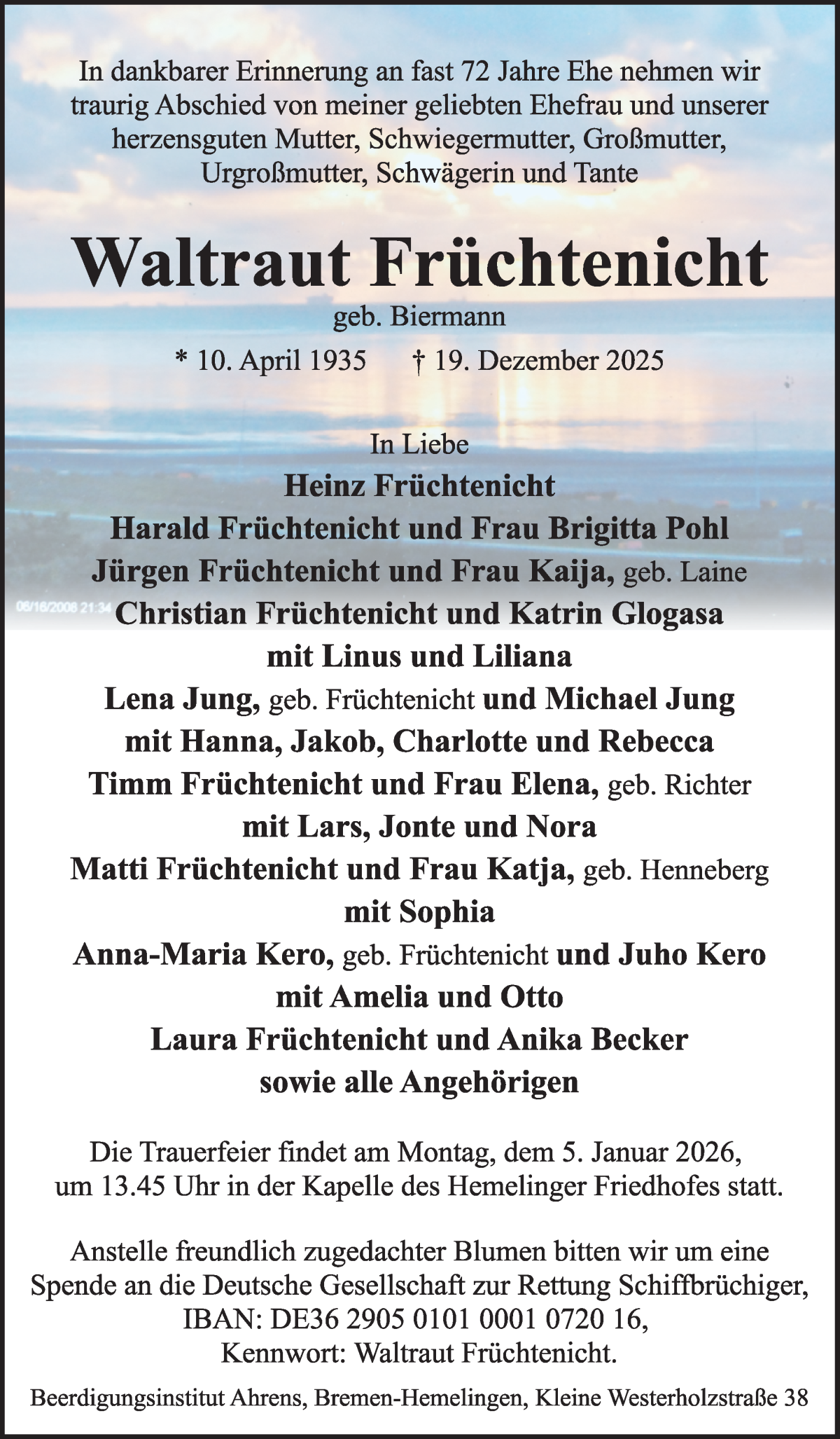 Traueranzeige von Waltraut Früchtenicht von WESER-KURIER