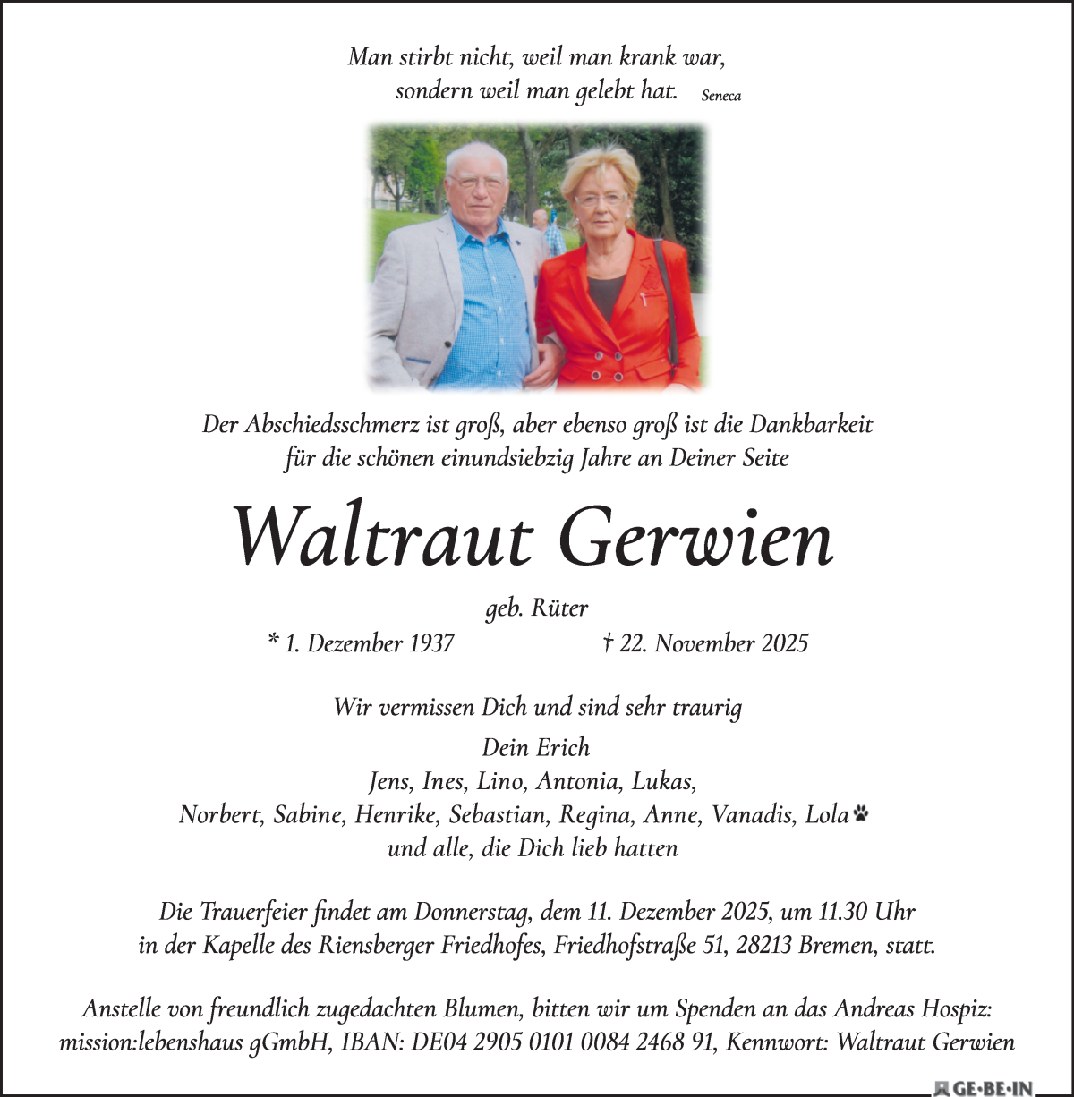  Traueranzeige für Waltraut Gerwien vom 06.12.2025 aus WESER-KURIER