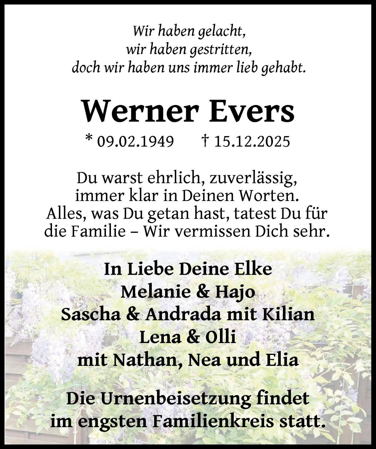 Traueranzeige von Werner Evers von WESER-KURIER