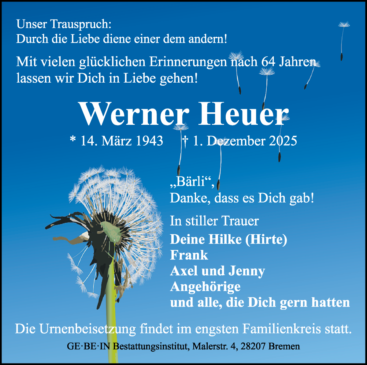 Traueranzeige von Werner Heuer von WESER-KURIER