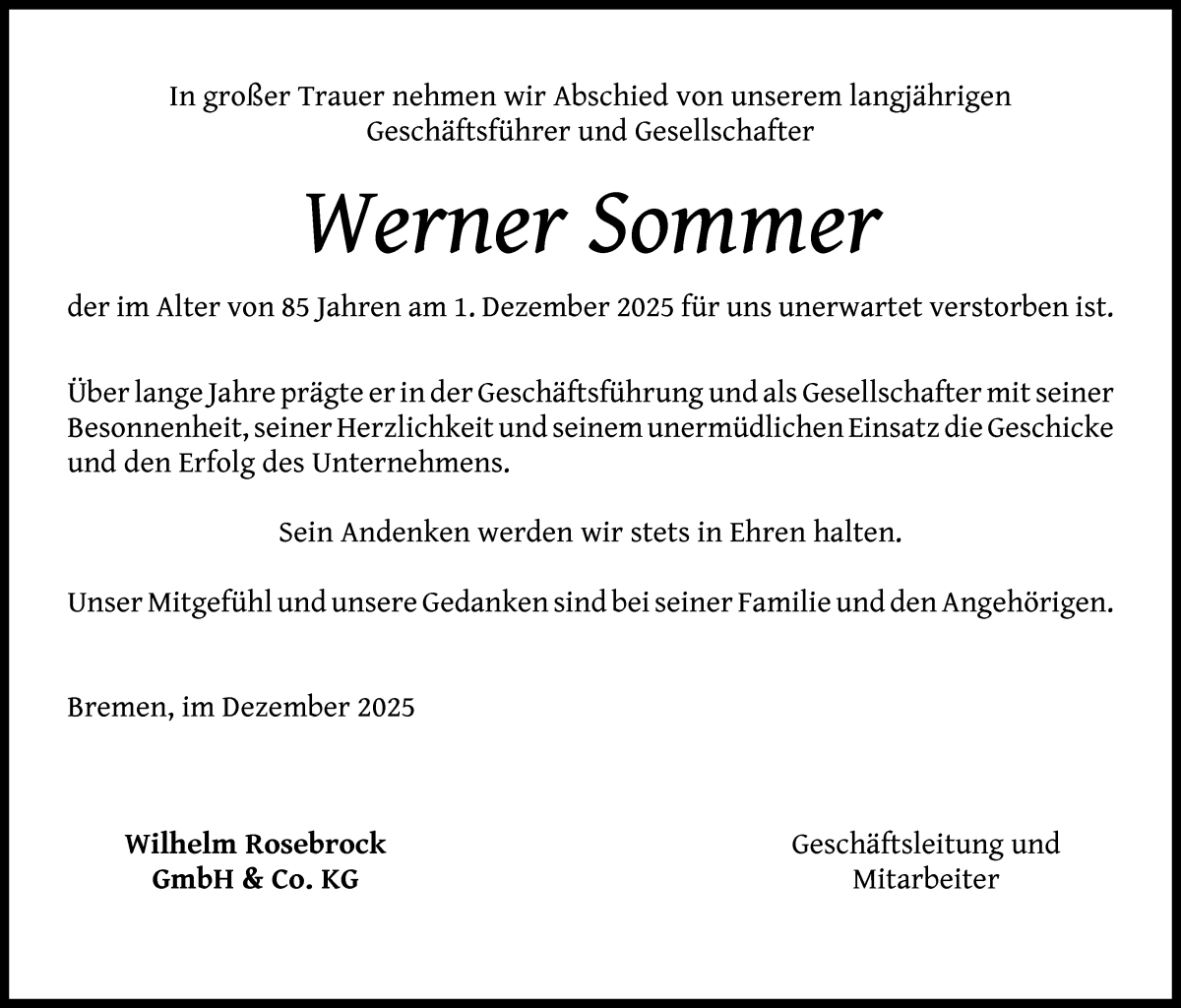 Traueranzeige für Werner Sommer vom 06.12.2025 aus WESER-KURIER