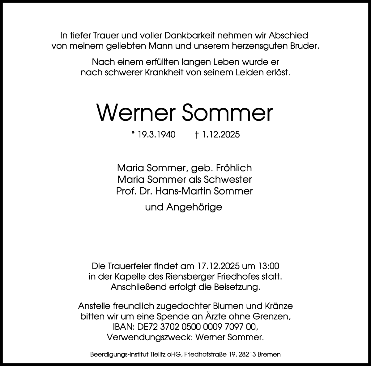  Traueranzeige für Werner Sommer vom 06.12.2025 aus WESER-KURIER