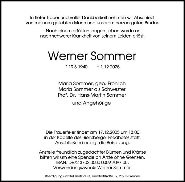 Traueranzeige von Werner Sommer von WESER-KURIER