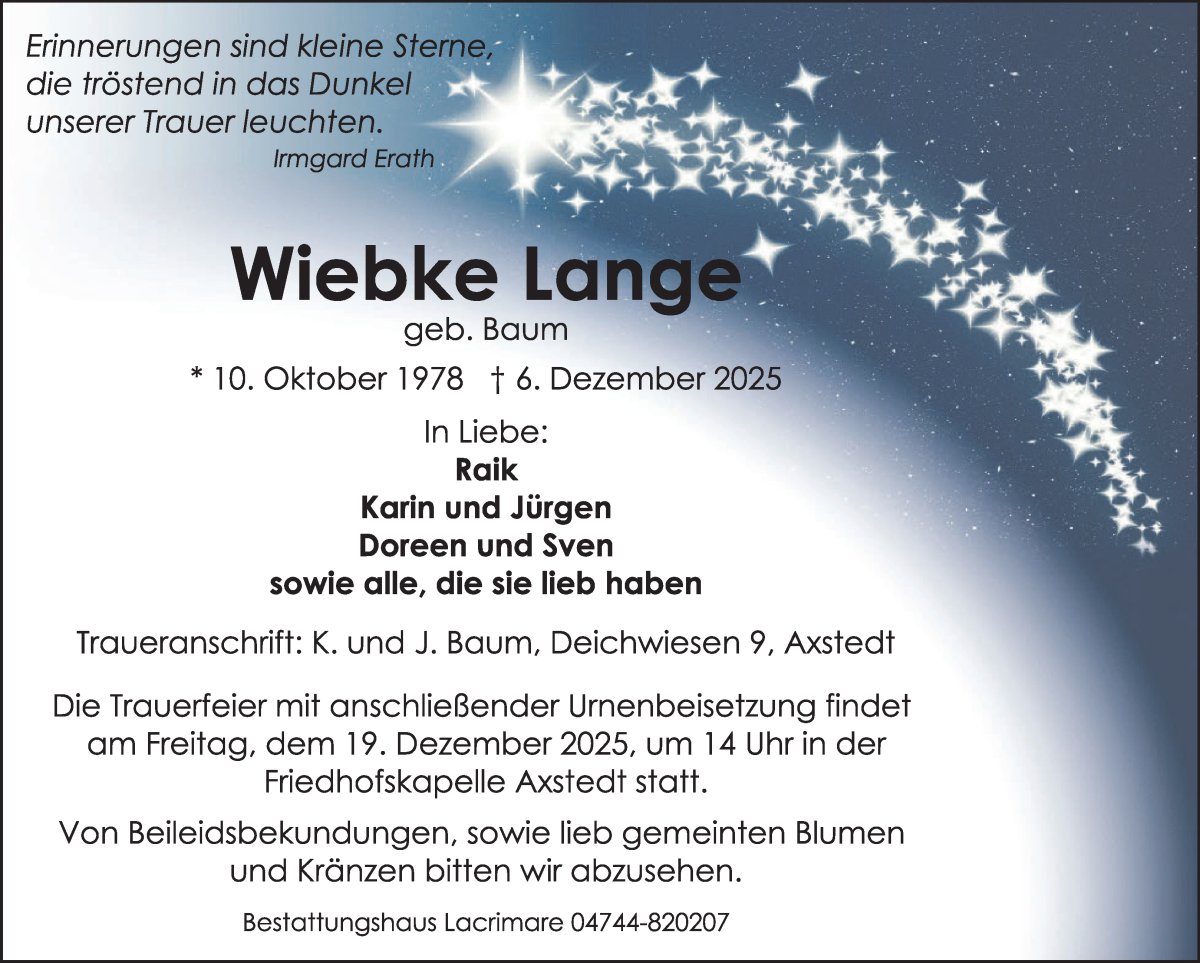 Traueranzeige von Wiebke Lange von Osterholzer Kreisblatt