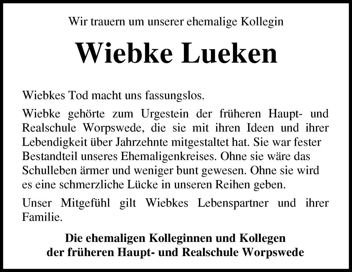 Traueranzeige von Wiebke Lueken von Wuemme Zeitung