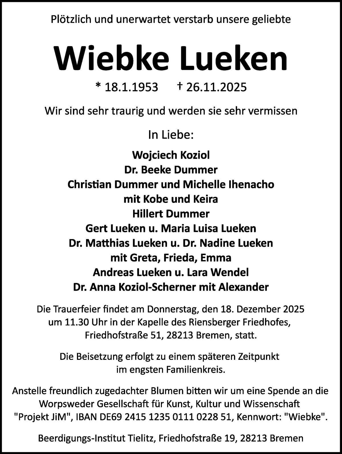Traueranzeige von Wiebke Lueken von Wuemme Zeitung