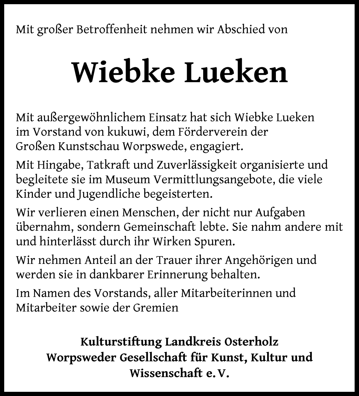 Traueranzeige von Wiebke Lueken von Wuemme Zeitung